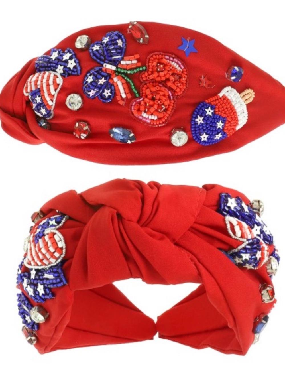 2034. USA theme cherry beaded jeweled top knot headband